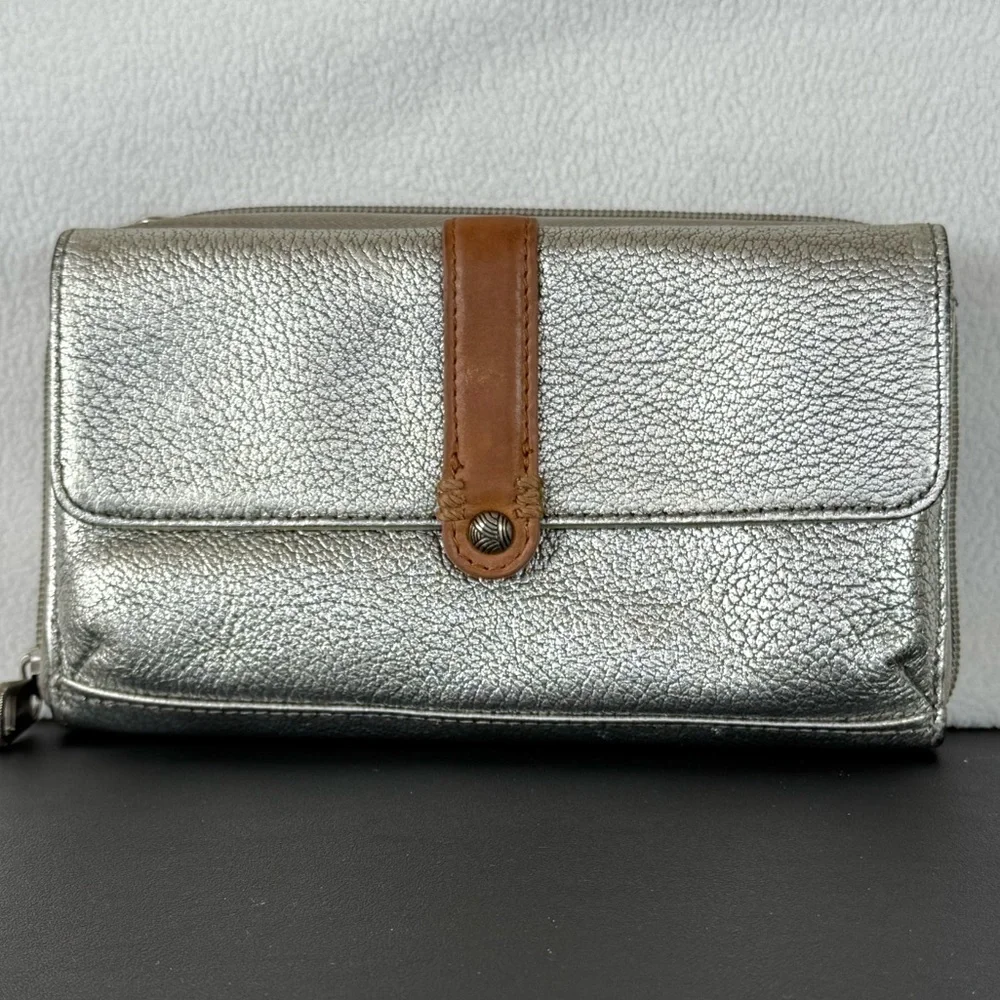 The Sak Convertible Wallet/Clutch in Metallic Silver with Tan Leather Accent - Picture 2 of 7